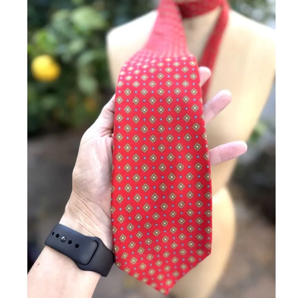 Balenciaga Red Geometric Yellow Blue Diamond 100% Silk Tie Made Italy 3.75